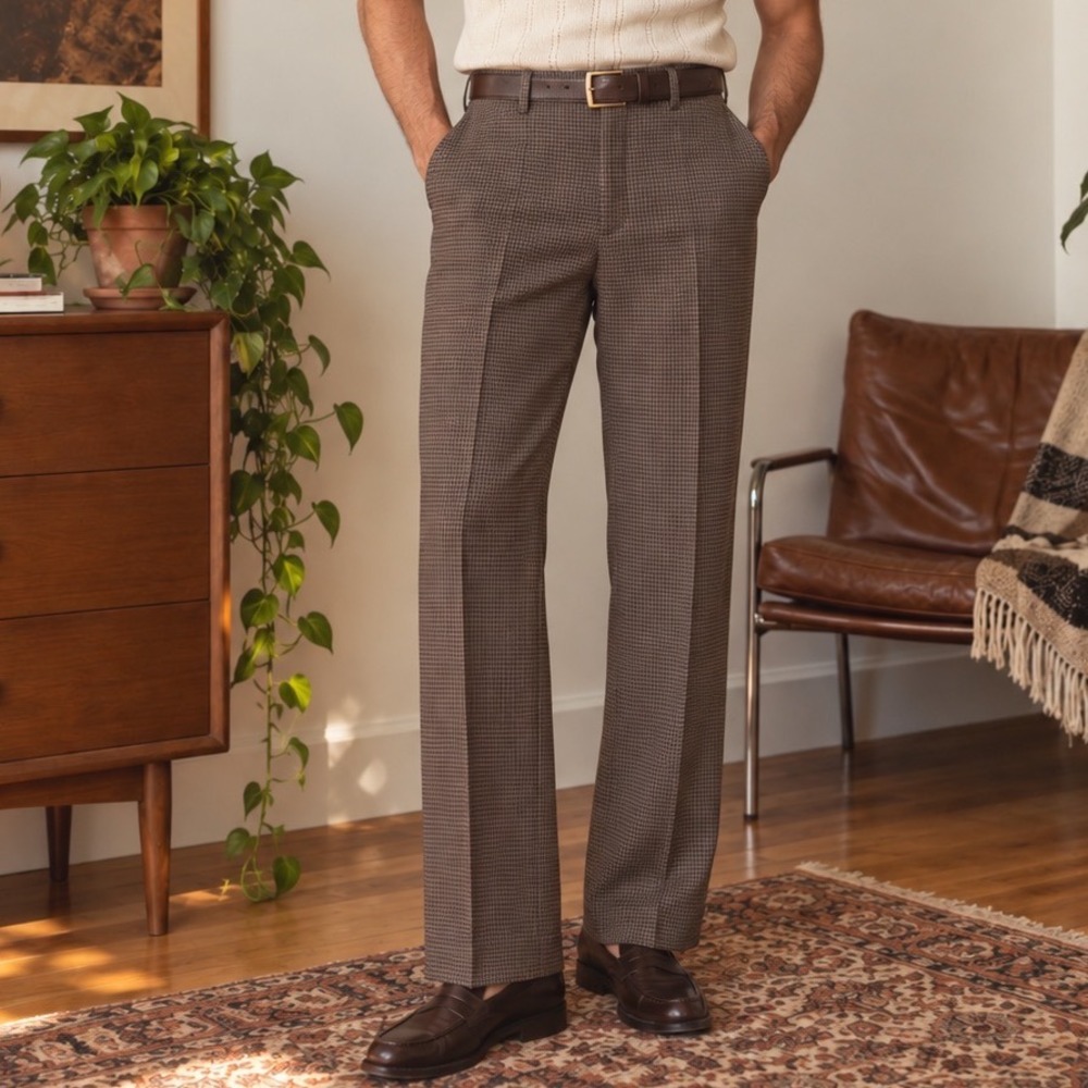 Vintage 70s Levis Action Slacks Deadstock Brown Check Dacron Polyester Pants 34